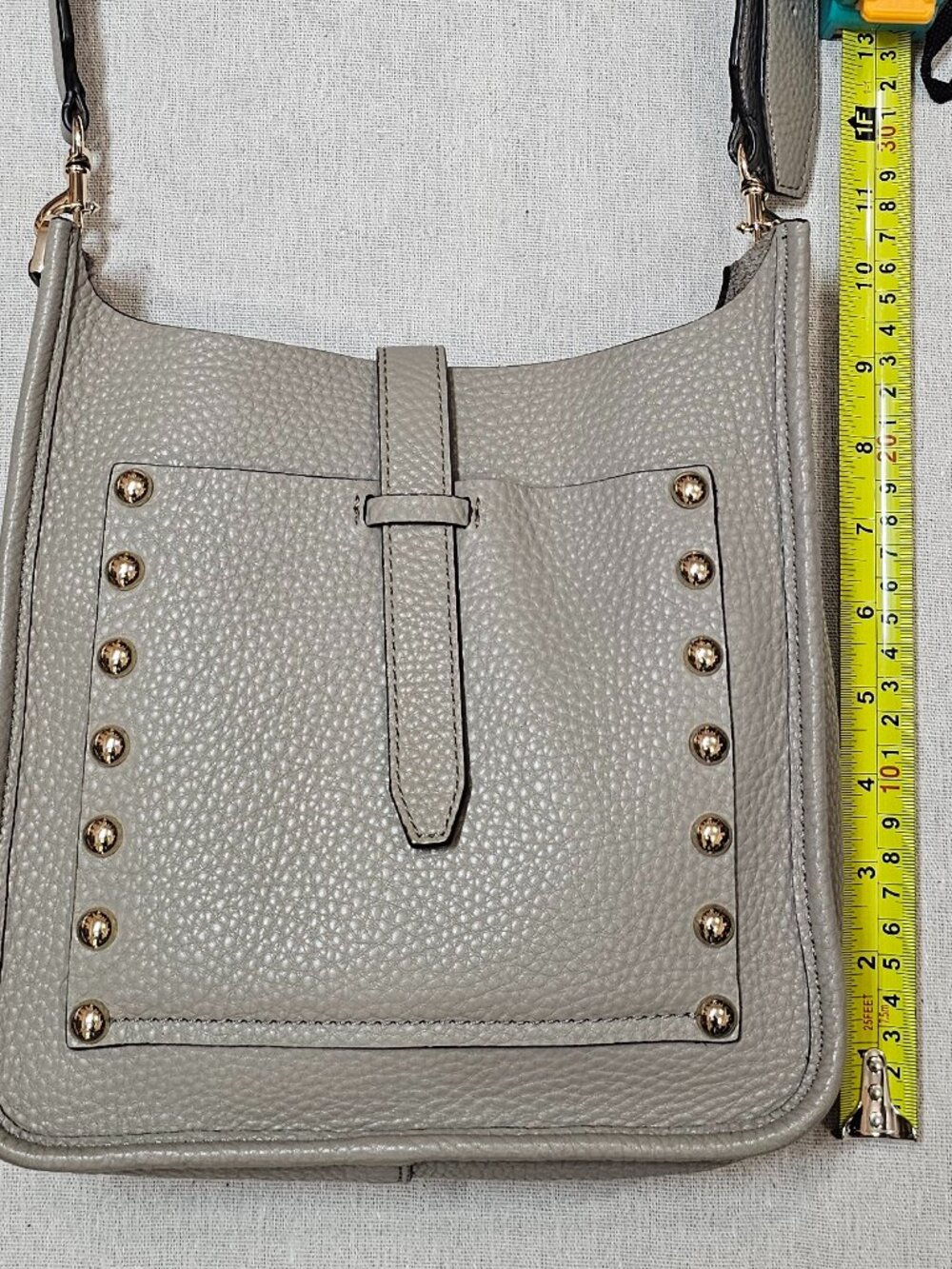 Taupe Gray Pebbled Leather Crossbody Bag w/ Gold Studs by Rebecca Minkoff - Picture 13 of 14